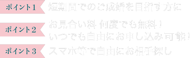 ポイント1 短期間でのご成婚を目指す方に ポイント2 お見合い料 何度でも無料!お申し込み数に上限なし!! ポイント3 スマホ等で自由にお相手探し